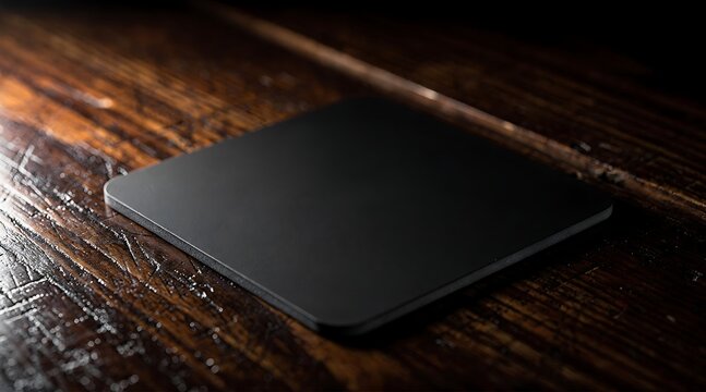 Modern Minimalist Black External Trackpad or Square Coaster on Dark Rustic Wooden Table with Dramatic Side Lighting, Sleek Electronic Device Mockup for Professional Home Office Setup Background