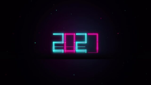 Neon 2027 New Year text animation, glowing pink and blue digital numbers, futuristic cyberpunk countdown for holiday celebration and event promos