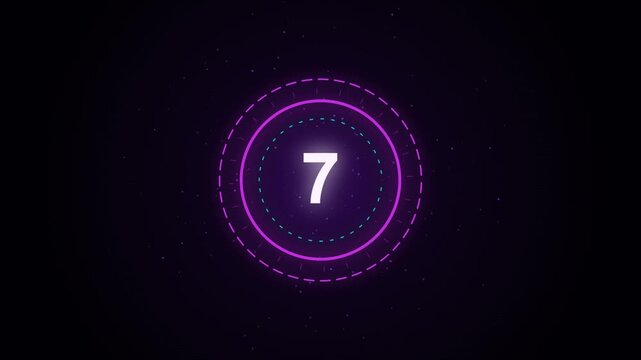 Futuristic digital countdown timer with glowing purple neon circles, high tech number 7 on dark background, modern motion graphics for video intro