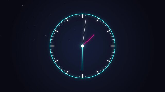 Futuristic digital clock with glowing neon interface, motion graphics of ticking analog clock hands, abstract time concept for business and technology