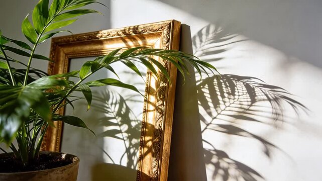 Indoor scene with green potted plant and golden picture frame casting shadows on white wall