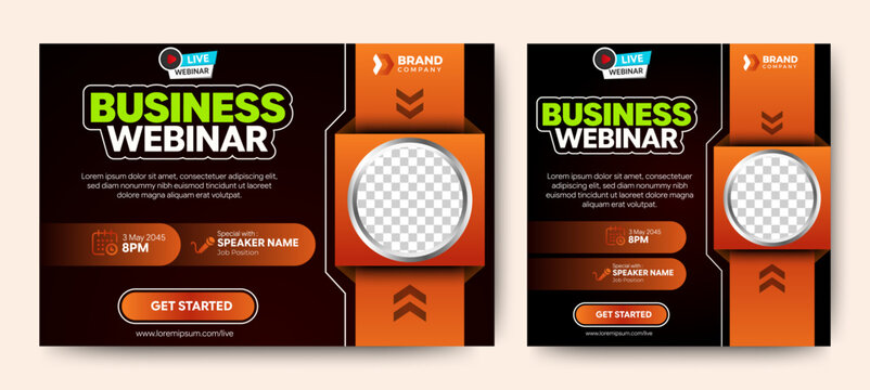 Business webinar invitation design. Webinar and business conference social media post template. Online webinar social media post template. Business conference banner template. Online live webinar.