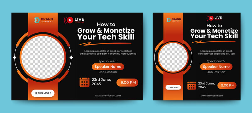 Business webinar invitation design. Webinar and business conference social media post template. Online webinar social media post template. Business conference banner template. Online live webinar.