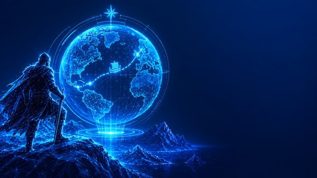 Viking warrior watching a giant glowing holographic globe on a rocky cliff. leif erikson day with glowing planet digital earth norse explorer futuristic discovery world map. leif erikson day