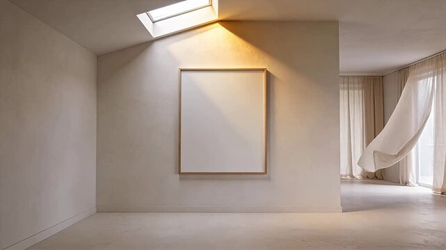 Simple empty room with blank canvas on wall and sheer curtain under skylight