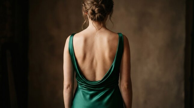 Elegant Woman in Emerald Green Satin Cowl Back Dress, Rear View