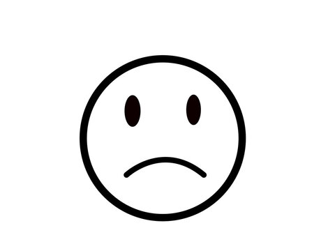 Sad face emoji icon on white background, unhappy expression symbol, minimalist black and white frowning face for feedback and customer dissatisfaction