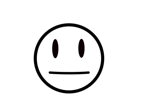 Minimalist neutral face emoji illustration, simple black line art smiley with straight mouth, basic expressionless emoticon on white background