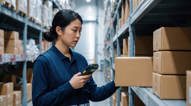 Logistics worker checks a boxed shipment with a mobile barcode reader beside warehouse shelving, matching parcel details to stored stock during an organized daily inventory verification task.