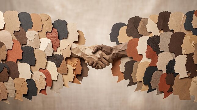 Paper cutout profiles forming a textured handshake for global unity concepts