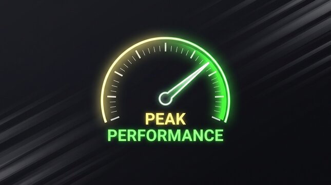 Peak performance speedometer gauge graphic. Glowing green dial showing maximum velocity with dark background. Digital speed indicator illustration for business and productivity concepts.