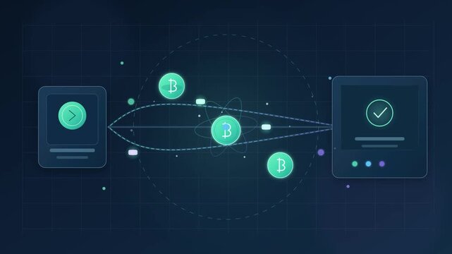 Cryptocurrency coins transferring between digital wallets on blue background