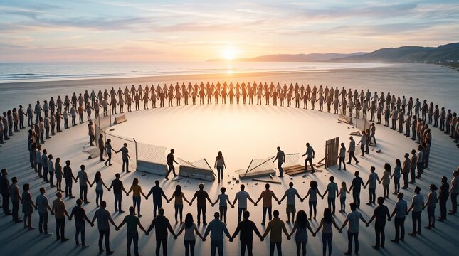 Large diverse group holding hands forming circle for global unity