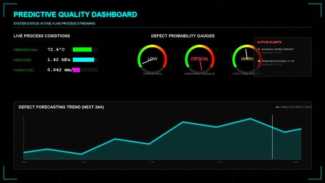 Digital predictive quality dashboard interface with gauges, line charts, and performance metrics for industrial analytics and monitoring