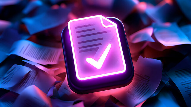 Glowing Document Icon Surrounded by Discarded Drafts for Final Approval Concept