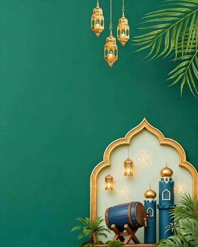 3D Islamic Green Background with Bedug Drum and Miniature Mosque Minarets
