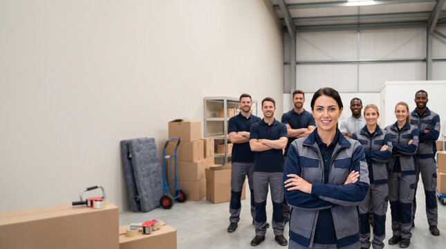 Moving operations manager leads diverse relocation team, showcasing professional movers, packing, logistics, transportation and residential and commercial moving services.