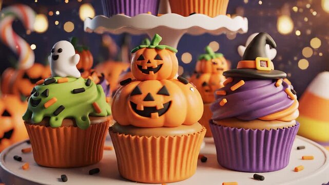 Halloween cupcakes with pumpkin decorations rotating slowly, cute 3D cartoon style