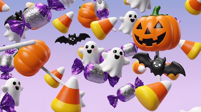 Halloween candy floating and rotating, cute colorful 3D cartoon style, clean background