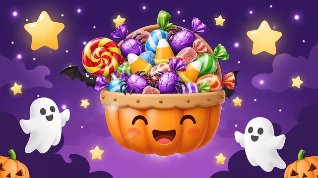 Cute trick-or-treat basket filled with colorful candy, gentle floating animation, cartoon style