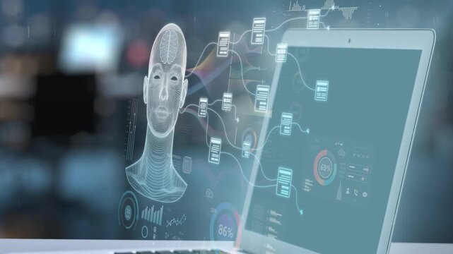 A modern laptop showcases an advanced artificial intelligence interface, with digital graphs and features glowing in a contemporary office setting, creating a futuristic atmosphere. Salient