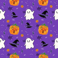 Fototapeta premium Cute watercolor Halloween seamless pattern with ghost, pumpkin, witch hat and spider web on purple background