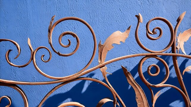Wrought iron scrollwork fence against a vibrant blue wall, stylish and artistic architectural detail