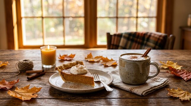 Single slice of delicious pumpkin pie with whipped cream next to steaming cup of coffee and candle on rustic wooden table for cozy thanksgiving theme.