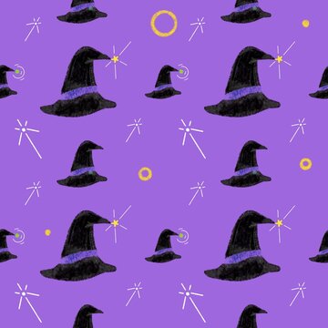 Cute Halloween seamless pattern with black witch hat and stars on purple background