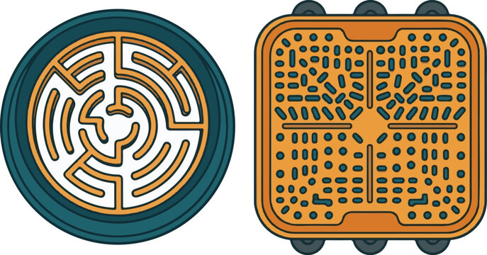 Top view of circular and square waffle iron plates with nonstick texture for kitchen appliance design