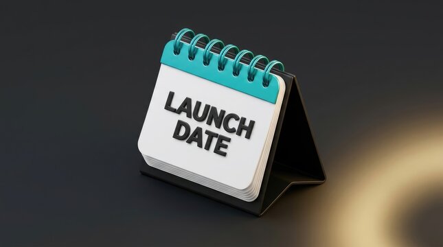 Desktop calendar displaying launch date text with elegant teal metallic binding on a dark matte surface