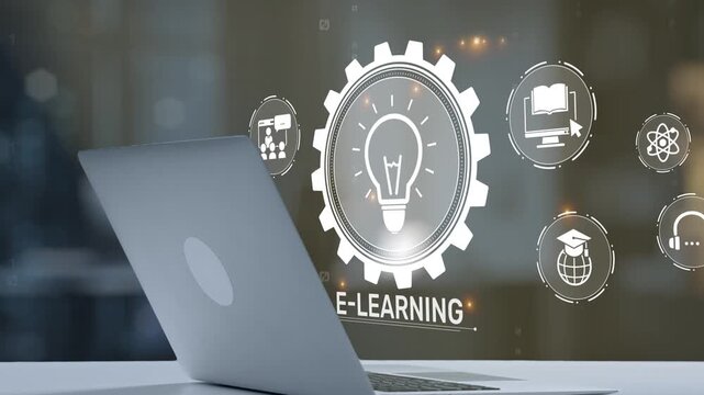 A futuristic robotic hand interacts with e-learning icons above a laptop, symbolizing the blend of technology and education in a modern workspace setting. Salient