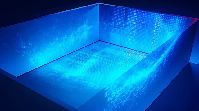 Cubic space installation with colorful grid light projections in blue pink orange