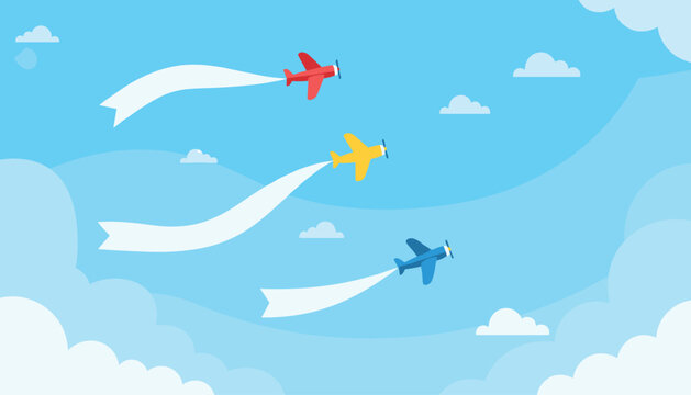 Three colorful propeller airplanes flying through blue sky with clouds and pulling long blank white advertising banners.