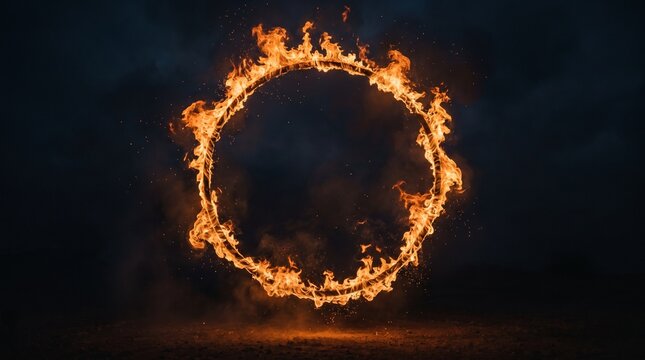 C&iacute;rculo de fogo ardente com fa&iacute;scas e fuma&ccedil;a brilhando na escurid&atilde;o da noite contra um fundo escuro