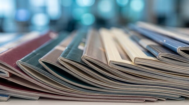 Pilha de revistas, cat&aacute;logos e brochuras impressas em close-up sobre mesa com fundo desfocado.