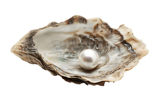 Beautiful natural pearl resting inside oyster shell isolated on cutout PNG or transparent background. Elegant composition symbol purity, beauty, luxury, wealth, value rarity of nature's treasures.