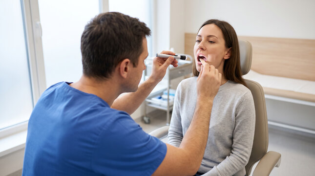 ENT specialist performing routine throat examination on patient