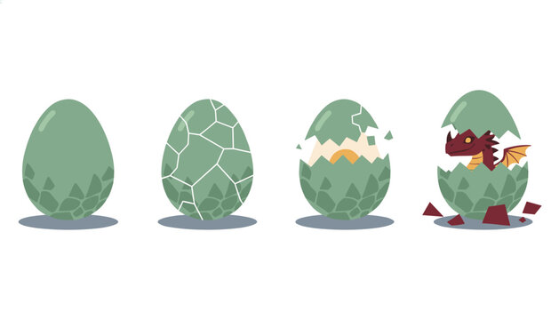 Adorable baby red dragon hatching from a scaled green egg in four distinct stages, from solid egg to fully hatched.