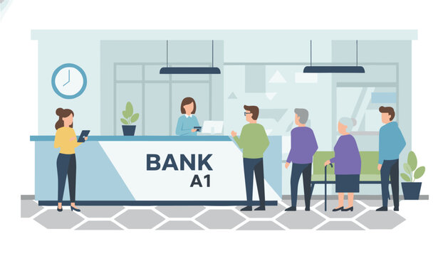 Group of diverse customers waits in a queue at a bank counter while a teller assists a customer in a modern interior.