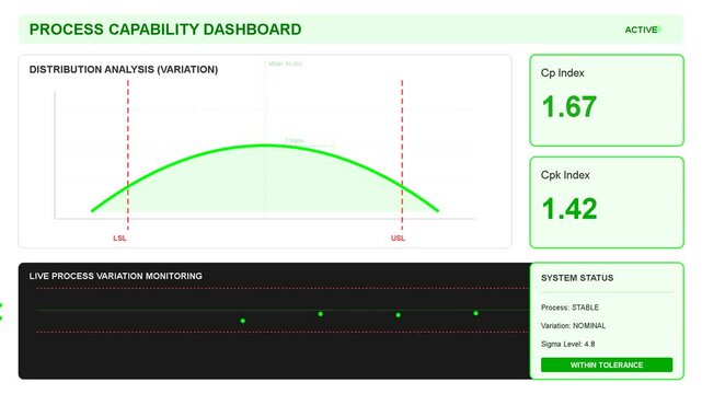 Process capability dashboard showing statistical bell curve, quality control metrics, manufacturing efficiency, data analysis, performance monitoring