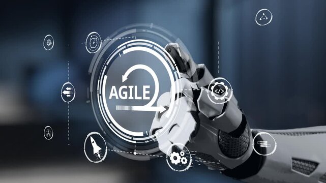 A robotic hand engages with a digital interface showcasing agile concepts, highlighting the intersection of technology and innovation in a modern environment. Salient