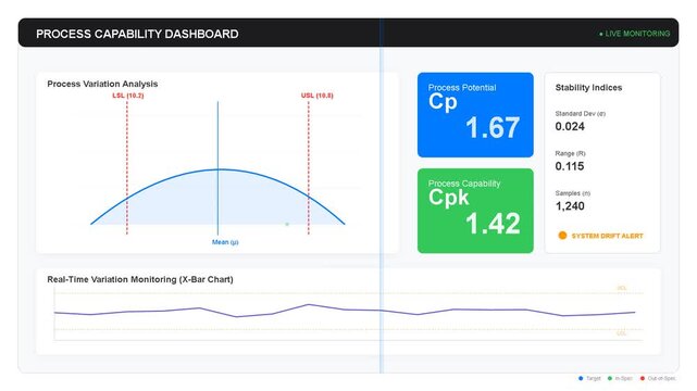 Data dashboard interface displaying statistical process control, bell curve, Cp and Cpk performance metrics, manufacturing analytics, quality monitoring