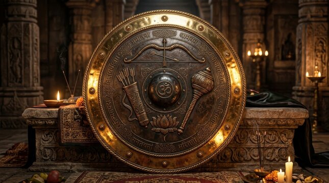 Sacred golden ceremonial drum with bow arrow and lotus symbol in temple interior with lotus flower