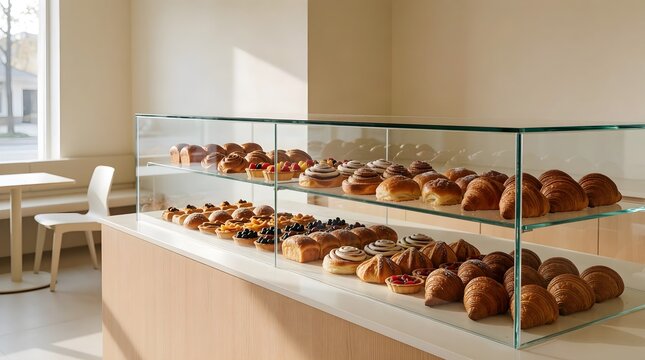 Fresh pastries displayed in a glass bakery case