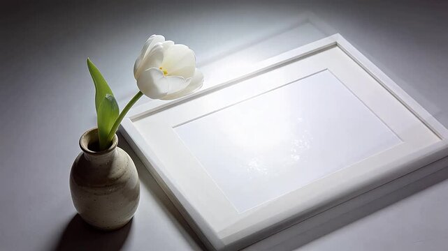 White tulip in spotted vase beside empty frame on light gray surface