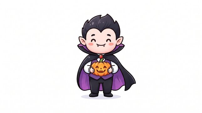 Cute little vampire dracula holding a carved halloween pumpkin isolated on white background
