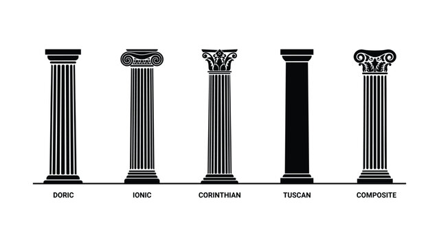 A Set Of Five Classical Architectural Columns Featuring Doric, Ionic, Corinthian, Tuscan, And Composite Orders Rendered As Black Silhouettes For Historical Or Educational Design