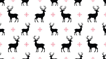 Obraz premium Christmas reindeer seamless pattern background with black deer silhouettes and red snowflakes for winter holiday wrapping paper, festive textile print, and xmas wallpaper vector illustration isolated