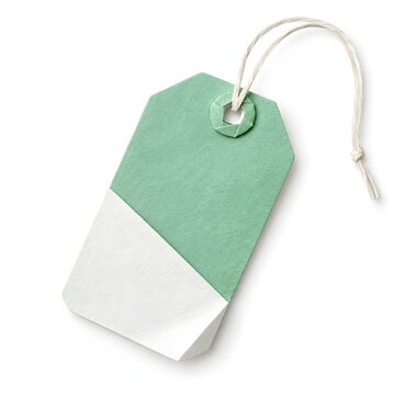 Origami Price Tag with Folded Eyelet and Paper String on White Background
